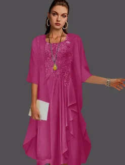 Beach Wedding Two Piece A-Line Mother of the Bride Dress Wedding Guest Elegant Scoop Neck Knee Length Chiffon Lace Sleeveless Jacket Dresses with Pleats Appliques free custom size