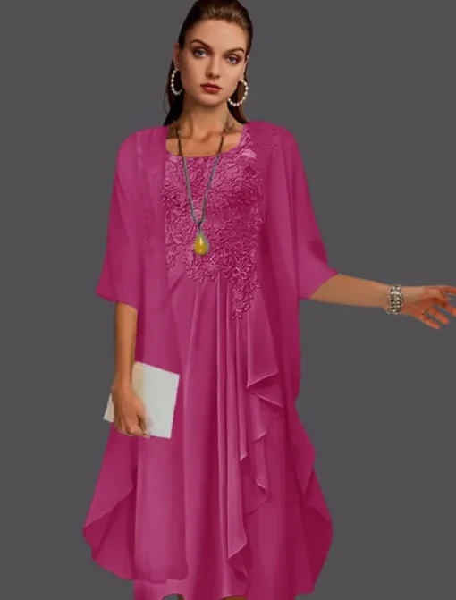 Beach Wedding Two Piece A-Line Mother of the Bride Dress Wedding Guest Elegant Scoop Neck Knee Length Chiffon Lace Sleeveless Jacket Dresses with Pleats Appliques free custom size