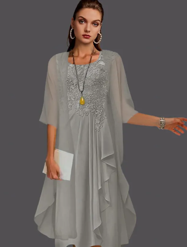 Beach Wedding Two Piece A-Line Mother of the Bride Dress Wedding Guest Elegant Scoop Neck Knee Length Chiffon Lace Sleeveless Jacket Dresses with Pleats Appliques free custom size