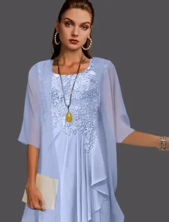Beach Wedding Two Piece A-Line Mother of the Bride Dress Wedding Guest Elegant Scoop Neck Knee Length Chiffon Lace Sleeveless Jacket Dresses with Pleats Appliques free custom size