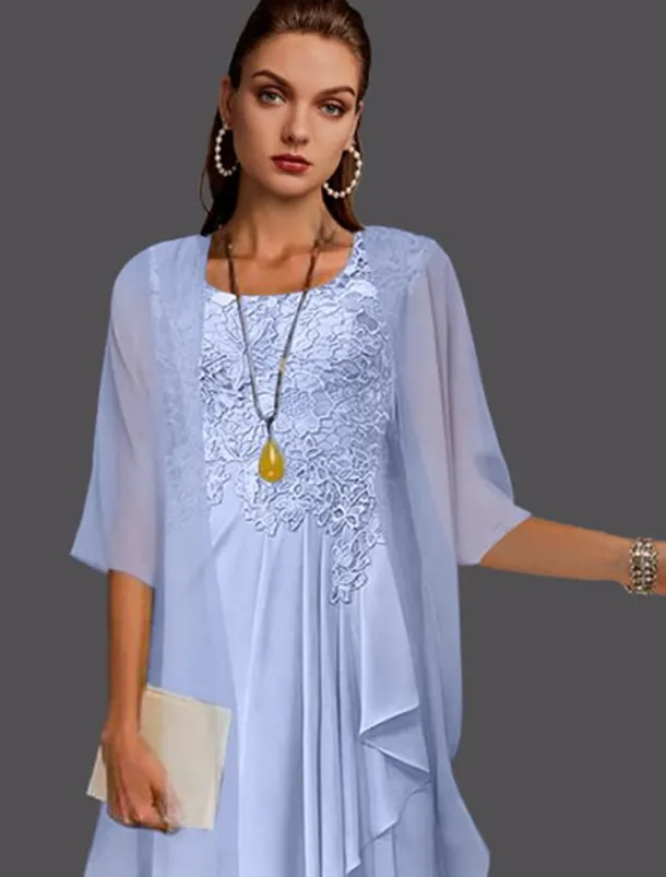 Beach Wedding Two Piece A-Line Mother of the Bride Dress Wedding Guest Elegant Scoop Neck Knee Length Chiffon Lace Sleeveless Jacket Dresses with Pleats Appliques free custom size