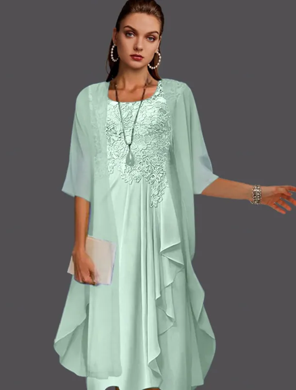 Beach Wedding Two Piece A-Line Mother of the Bride Dress Wedding Guest Elegant Scoop Neck Knee Length Chiffon Lace Sleeveless Jacket Dresses with Pleats Appliques free custom size