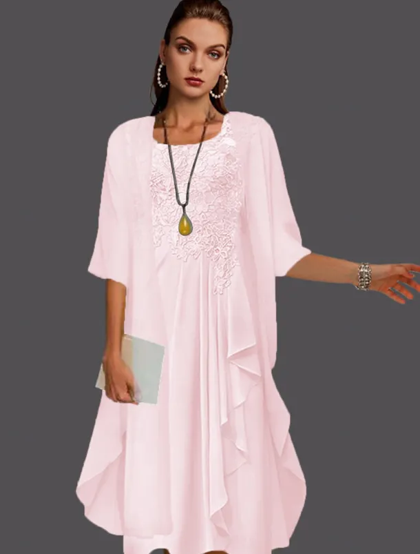 Beach Wedding Two Piece A-Line Mother of the Bride Dress Wedding Guest Elegant Scoop Neck Knee Length Chiffon Lace Sleeveless Jacket Dresses with Pleats Appliques free custom size