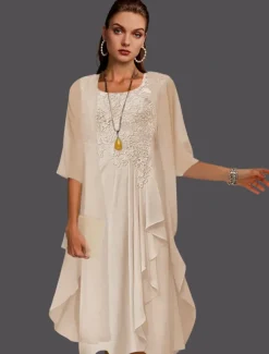 Beach Wedding Two Piece A-Line Mother of the Bride Dress Wedding Guest Elegant Scoop Neck Knee Length Chiffon Lace Sleeveless Jacket Dresses with Pleats Appliques free custom size