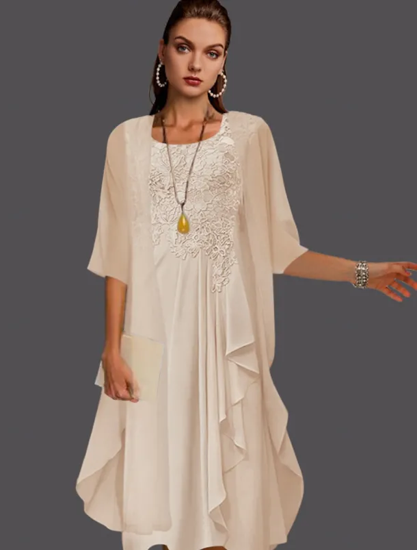 Beach Wedding Two Piece A-Line Mother of the Bride Dress Wedding Guest Elegant Scoop Neck Knee Length Chiffon Lace Sleeveless Jacket Dresses with Pleats Appliques free custom size