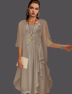 Beach Wedding Two Piece A-Line Mother of the Bride Dress Wedding Guest Elegant Scoop Neck Knee Length Chiffon Lace Sleeveless Jacket Dresses with Pleats Appliques free custom size