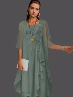 Beach Wedding Two Piece A-Line Mother of the Bride Dress Wedding Guest Elegant Scoop Neck Knee Length Chiffon Lace Sleeveless Jacket Dresses with Pleats Appliques free custom size