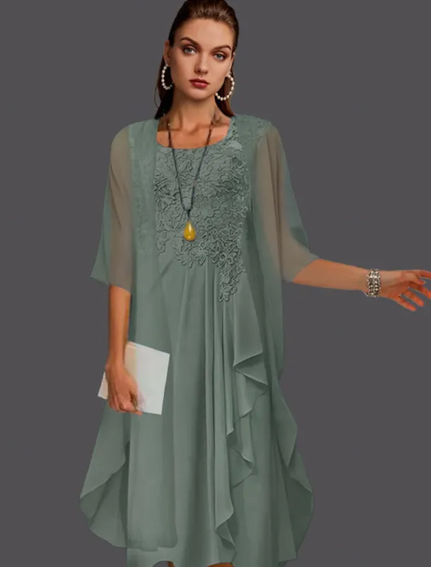 Beach Wedding Two Piece A-Line Mother of the Bride Dress Wedding Guest Elegant Scoop Neck Knee Length Chiffon Lace Sleeveless Jacket Dresses with Pleats Appliques free custom size