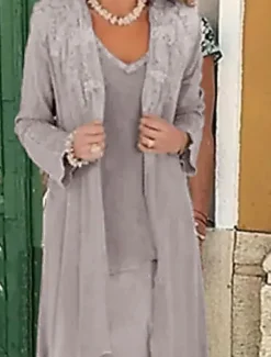 Beach Wedding Two Piece A-Line Mother of the Bride Dress Formal Wedding Guest Elegant Plus Size Casual V Neck Floor Length Lace Linen Cotton Blend Sleeveless Jacket Dresses with Appliques