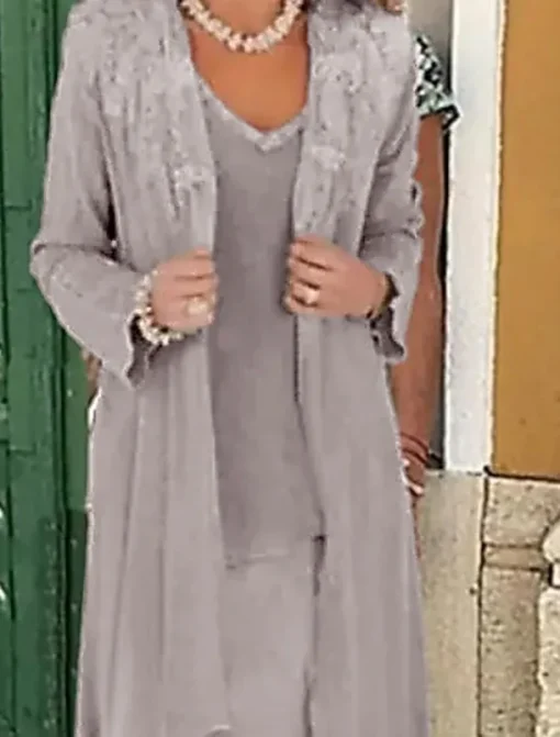 Beach Wedding Two Piece A-Line Mother of the Bride Dress Formal Wedding Guest Elegant Plus Size Casual V Neck Floor Length Lace Linen Cotton Blend Sleeveless Jacket Dresses with Appliques