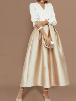 Beach Wedding Two Piece Cocktail Dresses Elegant Dress Wedding Party Wear Tea Length Long Sleeve V Neck Satin with Pleats Dresses