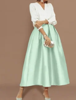 Beach Wedding Two Piece Cocktail Dresses Elegant Dress Wedding Party Wear Tea Length Long Sleeve V Neck Satin with Pleats Dresses