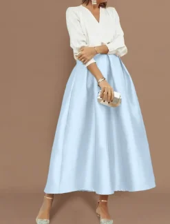 Beach Wedding Two Piece Cocktail Dresses Elegant Dress Wedding Party Wear Tea Length Long Sleeve V Neck Satin with Pleats Dresses