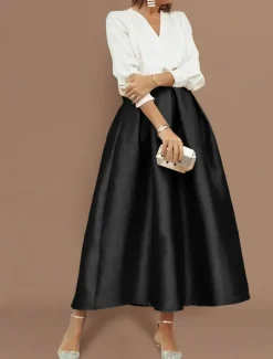 Beach Wedding Two Piece Cocktail Dresses Elegant Dress Wedding Party Wear Tea Length Long Sleeve V Neck Satin with Pleats Dresses