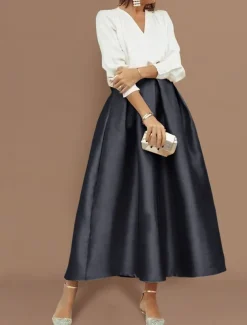 Beach Wedding Two Piece Cocktail Dresses Elegant Dress Wedding Party Wear Tea Length Long Sleeve V Neck Satin with Pleats Dresses