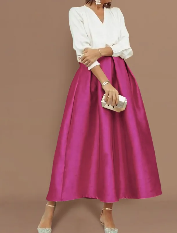 Beach Wedding Two Piece Cocktail Dresses Elegant Dress Wedding Party Wear Tea Length Long Sleeve V Neck Satin with Pleats Dresses
