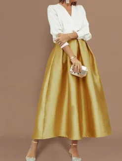Beach Wedding Two Piece Cocktail Dresses Elegant Dress Wedding Party Wear Tea Length Long Sleeve V Neck Satin with Pleats Dresses