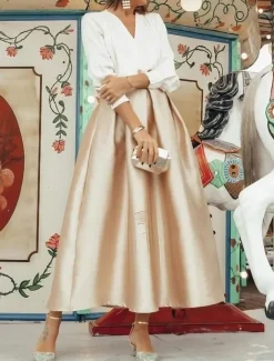 Beach Wedding Two Piece Cocktail Dresses Elegant Dress Wedding Party Wear Tea Length Long Sleeve V Neck Satin with Pleats Dresses