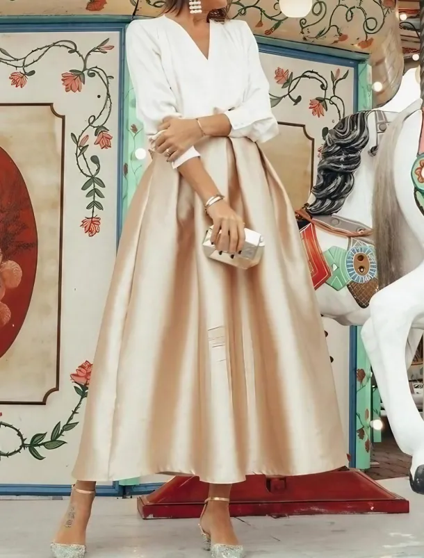 Beach Wedding Two Piece Cocktail Dresses Elegant Dress Wedding Party Wear Tea Length Long Sleeve V Neck Satin with Pleats Dresses