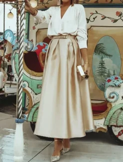 Beach Wedding Two Piece Cocktail Dresses Elegant Dress Wedding Party Wear Tea Length Long Sleeve V Neck Satin with Pleats Dresses