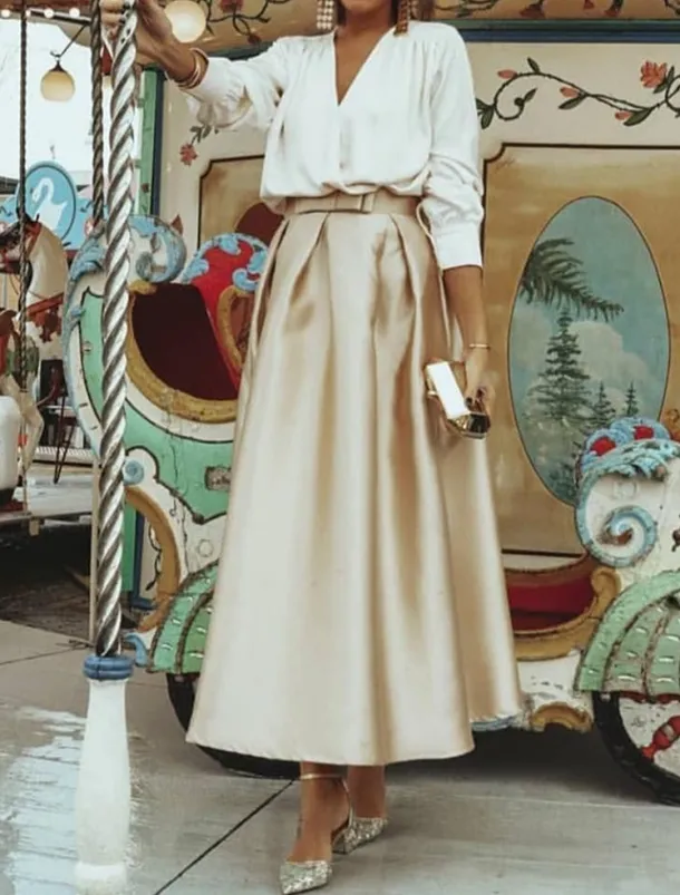 Beach Wedding Two Piece Cocktail Dresses Elegant Dress Wedding Party Wear Tea Length Long Sleeve V Neck Satin with Pleats Dresses