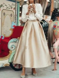 Beach Wedding Two Piece Cocktail Dresses Elegant Dress Wedding Party Wear Tea Length Long Sleeve V Neck Satin with Pleats Dresses
