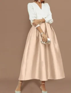 Beach Wedding Two Piece Cocktail Dresses Elegant Dress Wedding Party Wear Tea Length Long Sleeve V Neck Satin with Pleats Dresses