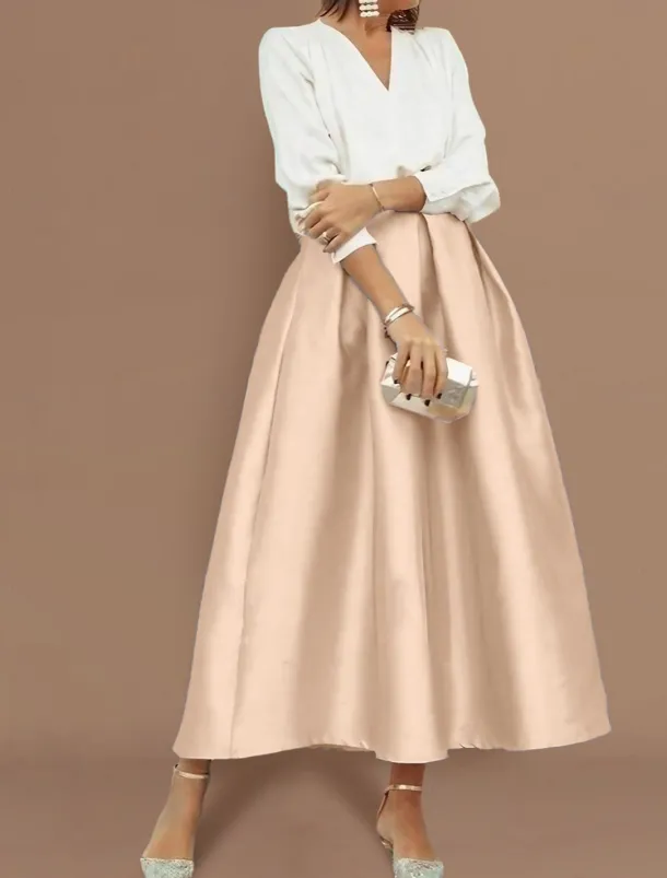 Beach Wedding Two Piece Cocktail Dresses Elegant Dress Wedding Party Wear Tea Length Long Sleeve V Neck Satin with Pleats Dresses