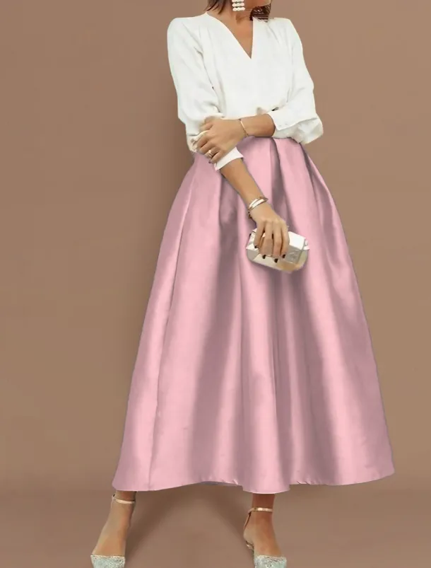 Beach Wedding Two Piece Cocktail Dresses Elegant Dress Wedding Party Wear Tea Length Long Sleeve V Neck Satin with Pleats Dresses
