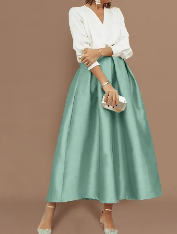 Beach Wedding Two Piece Cocktail Dresses Elegant Dress Wedding Party Wear Tea Length Long Sleeve V Neck Satin with Pleats Dresses