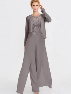Beach Wedding Two Piece Jumpsuit / Pantsuit Mother of the Bride Formal Wedding Guest Elegant Wrap Included Bateau Neck Floor Length Chiffon 3/4 Length Sleeve with Appliques