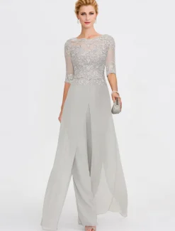 Beach Wedding Two Piece Jumpsuit / Pantsuit Mother of the Bride Formal Wedding Guest Elegant Wrap Included Bateau Neck Floor Length Chiffon 3/4 Length Sleeve with Appliques