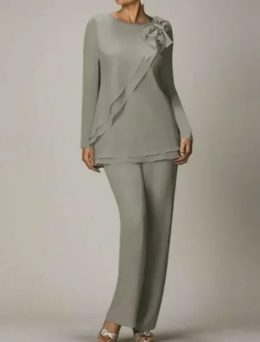 Beach Wedding Two Piece Jumpsuit / Pantsuit Mother of the Bride Wedding Guest Elegant Plus Size Jewel Neck Floor Length Chiffon Long Sleeve with Bow(s) Ruffles