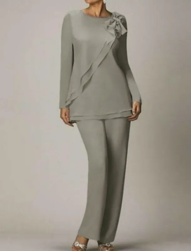 Beach Wedding Two Piece Jumpsuit / Pantsuit Mother of the Bride Wedding Guest Elegant Plus Size Jewel Neck Floor Length Chiffon Long Sleeve with Bow(s) Ruffles