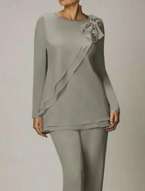 Beach Wedding Two Piece Jumpsuit / Pantsuit Mother of the Bride Wedding Guest Elegant Plus Size Jewel Neck Floor Length Chiffon Long Sleeve with Bow(s) Ruffles