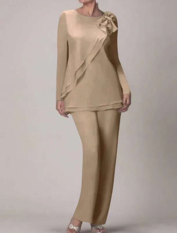 Beach Wedding Two Piece Jumpsuit / Pantsuit Mother of the Bride Wedding Guest Elegant Plus Size Jewel Neck Floor Length Chiffon Long Sleeve with Bow(s) Ruffles