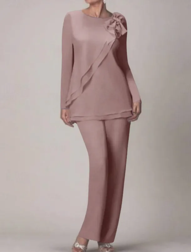 Beach Wedding Two Piece Jumpsuit / Pantsuit Mother of the Bride Wedding Guest Elegant Plus Size Jewel Neck Floor Length Chiffon Long Sleeve with Bow(s) Ruffles