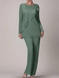 Beach Wedding Two Piece Jumpsuit / Pantsuit Mother of the Bride Wedding Guest Elegant Plus Size Jewel Neck Floor Length Chiffon Long Sleeve with Bow(s) Ruffles