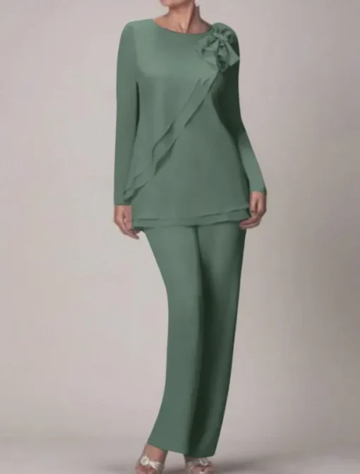 Beach Wedding Two Piece Jumpsuit / Pantsuit Mother of the Bride Wedding Guest Elegant Plus Size Jewel Neck Floor Length Chiffon Long Sleeve with Bow(s) Ruffles