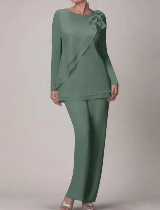 Beach Wedding Two Piece Jumpsuit / Pantsuit Mother of the Bride Wedding Guest Elegant Plus Size Jewel Neck Floor Length Chiffon Long Sleeve with Bow(s) Ruffles