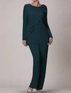 Beach Wedding Two Piece Jumpsuit / Pantsuit Mother of the Bride Wedding Guest Elegant Plus Size Jewel Neck Floor Length Chiffon Long Sleeve with Bow(s) Ruffles