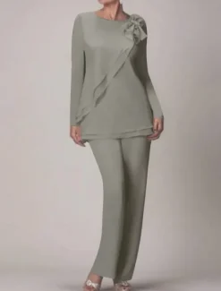 Beach Wedding Two Piece Jumpsuit / Pantsuit Mother of the Bride Wedding Guest Elegant Plus Size Jewel Neck Floor Length Chiffon Long Sleeve with Bow(s) Ruffles
