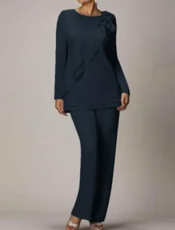 Beach Wedding Two Piece Jumpsuit / Pantsuit Mother of the Bride Wedding Guest Elegant Plus Size Jewel Neck Floor Length Chiffon Long Sleeve with Bow(s) Ruffles