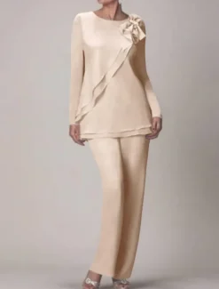 Beach Wedding Two Piece Jumpsuit / Pantsuit Mother of the Bride Wedding Guest Elegant Plus Size Jewel Neck Floor Length Chiffon Long Sleeve with Bow(s) Ruffles
