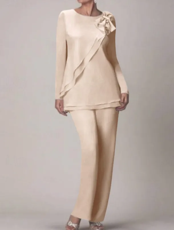 Beach Wedding Two Piece Jumpsuit / Pantsuit Mother of the Bride Wedding Guest Elegant Plus Size Jewel Neck Floor Length Chiffon Long Sleeve with Bow(s) Ruffles