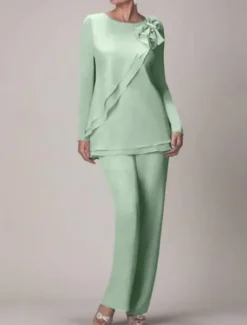 Beach Wedding Two Piece Jumpsuit / Pantsuit Mother of the Bride Wedding Guest Elegant Plus Size Jewel Neck Floor Length Chiffon Long Sleeve with Bow(s) Ruffles