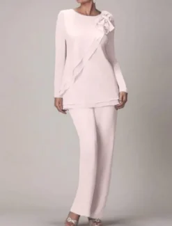 Beach Wedding Two Piece Jumpsuit / Pantsuit Mother of the Bride Wedding Guest Elegant Plus Size Jewel Neck Floor Length Chiffon Long Sleeve with Bow(s) Ruffles