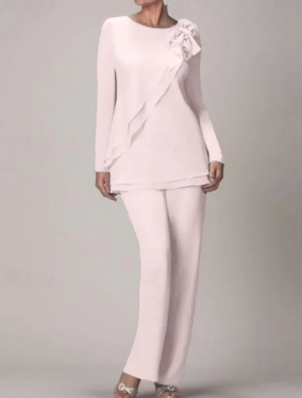 Beach Wedding Two Piece Jumpsuit / Pantsuit Mother of the Bride Wedding Guest Elegant Plus Size Jewel Neck Floor Length Chiffon Long Sleeve with Bow(s) Ruffles