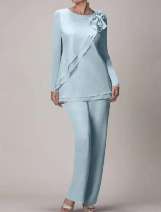 Beach Wedding Two Piece Jumpsuit / Pantsuit Mother of the Bride Wedding Guest Elegant Plus Size Jewel Neck Floor Length Chiffon Long Sleeve with Bow(s) Ruffles