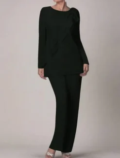Beach Wedding Two Piece Jumpsuit / Pantsuit Mother of the Bride Wedding Guest Elegant Plus Size Jewel Neck Floor Length Chiffon Long Sleeve with Bow(s) Ruffles